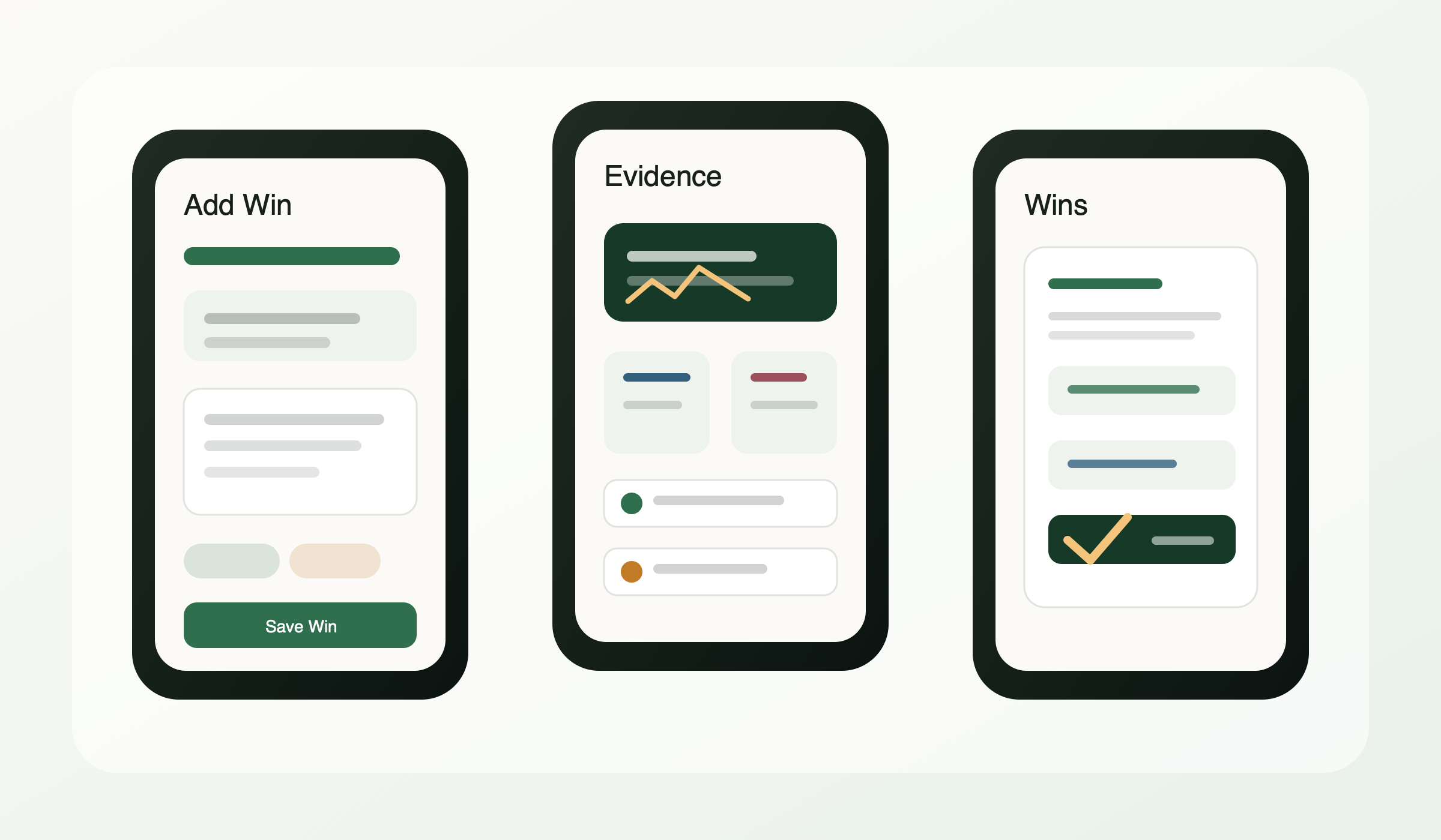 WorkWins screens for capturing a win, attaching evidence, and browsing saved accomplishments.